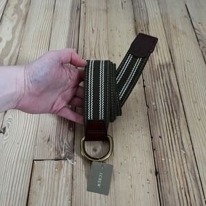 J.Crew Womens Large Olive Green Fabric Striped Cotton D-Ring Belt Leather Trim
